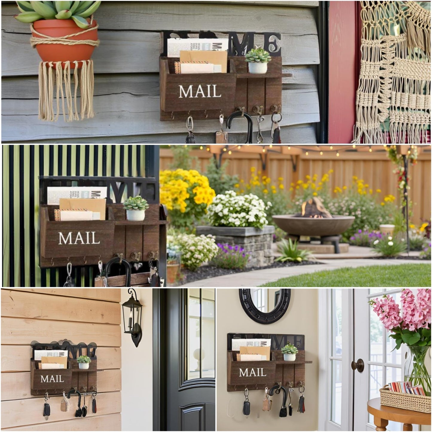 DearyHome Rustic Wall Key Holder with Shelf & Hooks - Mail Organizer for Entryway | Wooden Key Rack for Keys, Coats, Dog Leash - Brown