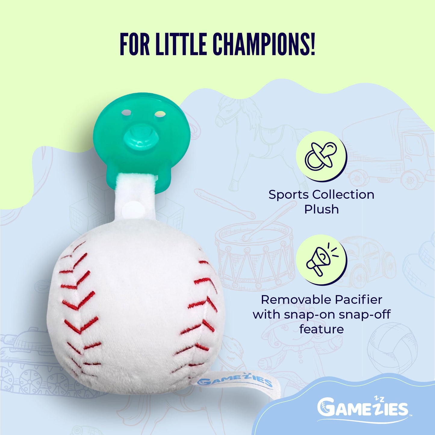 Gamezies Baby Boy and Girl Silicone Baseball Plush Pacifier Removable, Washable Plush ToyCPSIA Tested, BPA-Free 0-6 Months