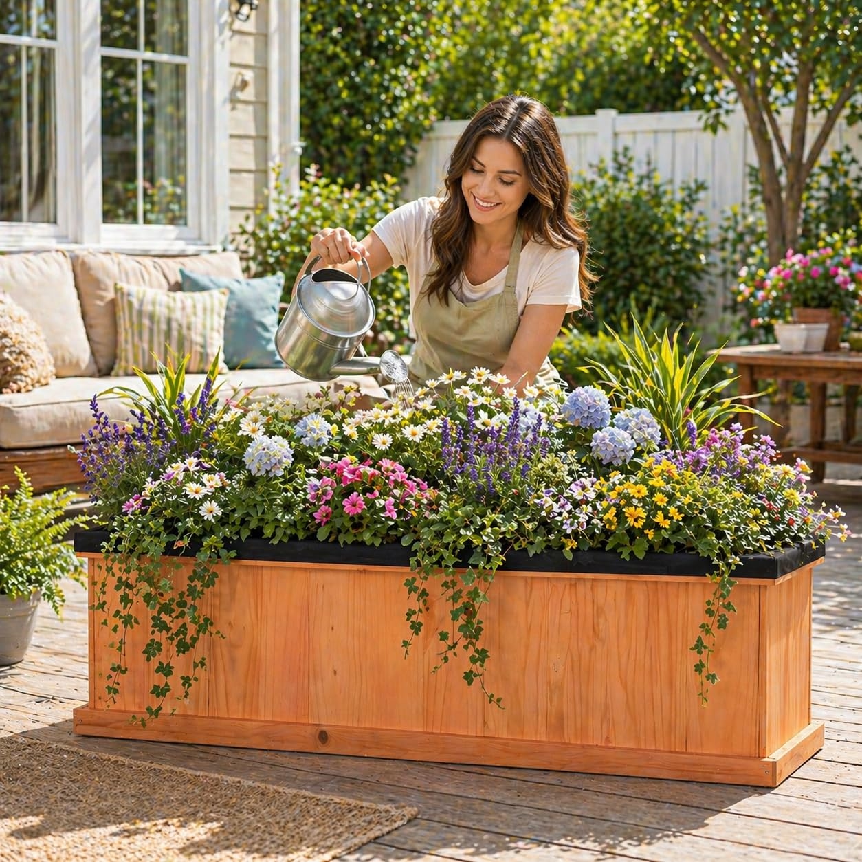 Giantex Raised Garden Bed with 3 Drainage Holes, 44”x10”x12” Wooden Elevated Planter Box w/Removable Bottom & Bed Liner, Elevated Flower Bed, Rectangular Plant Container for Vegetables Herbs & Fruits