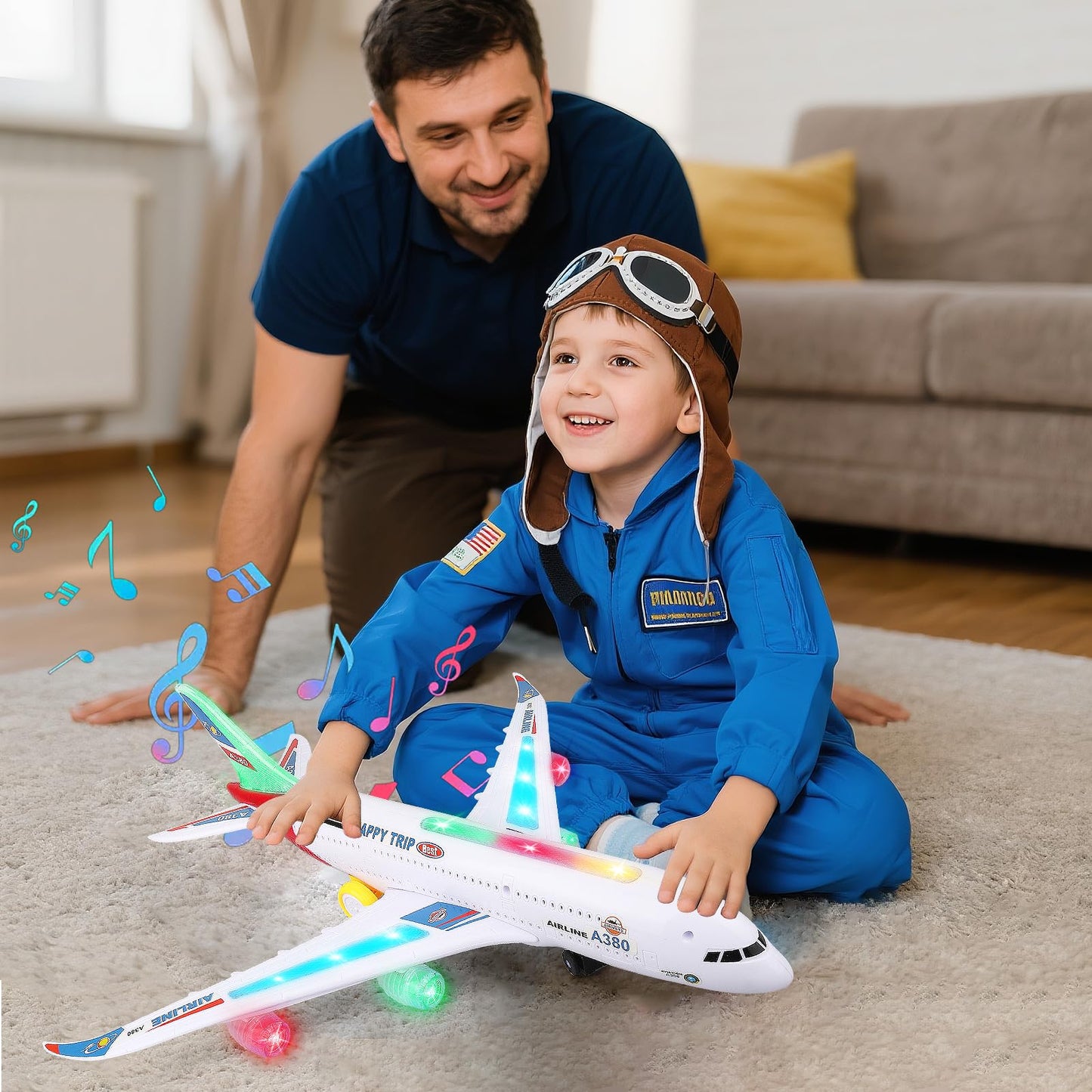 AtomDream Tech Bump and Go Airplane Toy with 4D Lights & Sounds, Realistic Moving Plane with Automatic Direction Change, Interactive Aircraft Toy for Boys & Girls Ages 3–12, (Red)