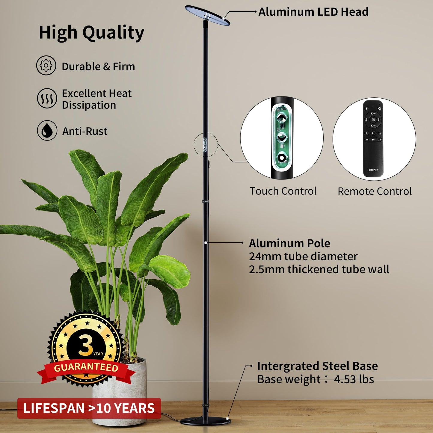 chiphy Grow Lights, 85" Full Spectrum Plant Light for Indoor Plants, 4/8/12H Timer, 40W Grow Lamp, 10 Dimmable Brightness, Height Adjustable, Ideal for Large Tall Plants