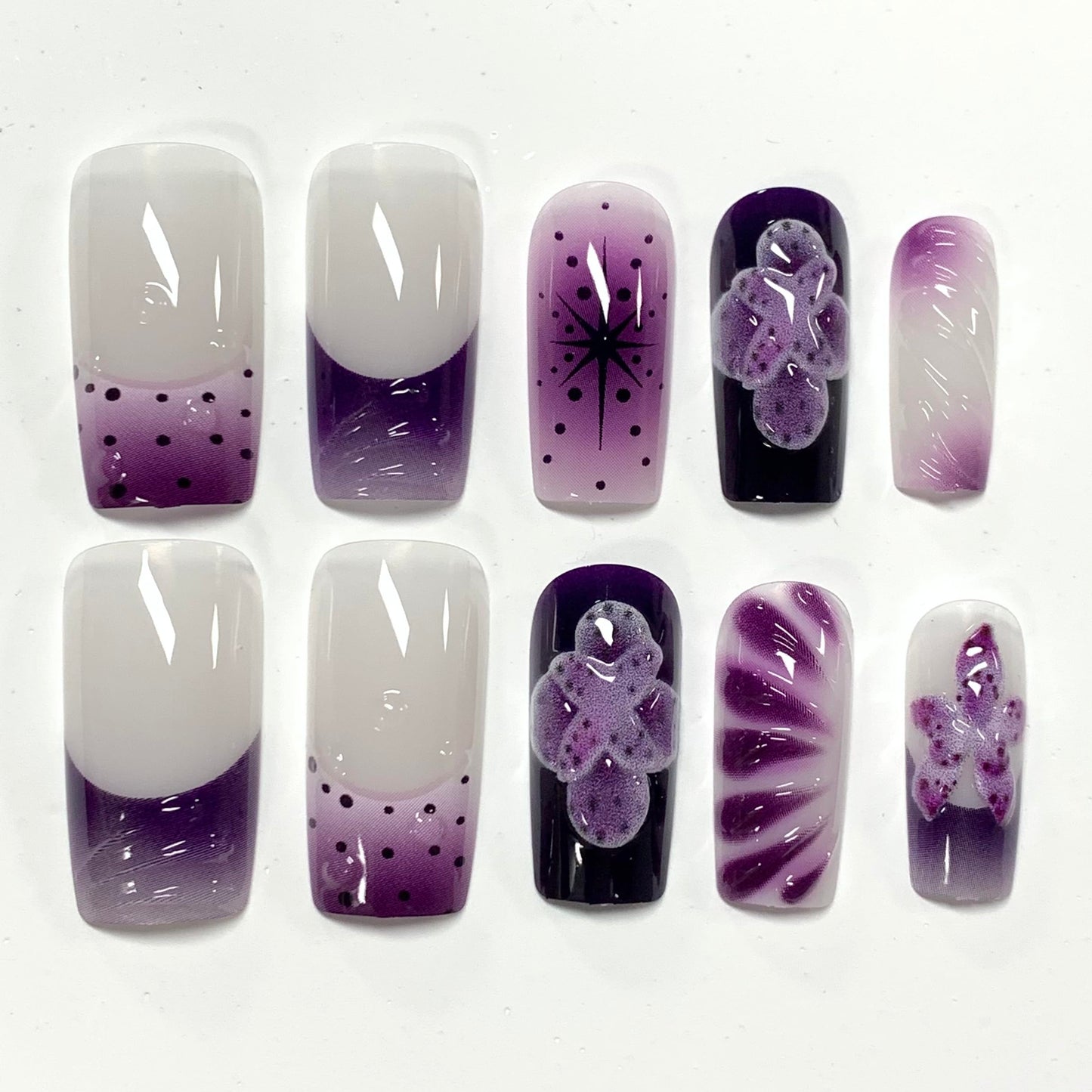 BABALAL Press On Nails, Long Square Fake Nails, Purple Ombre With 3d Floral & Polka Dot, Glossy Full Cover Glue On Nails For Women And Girls 24Pcs