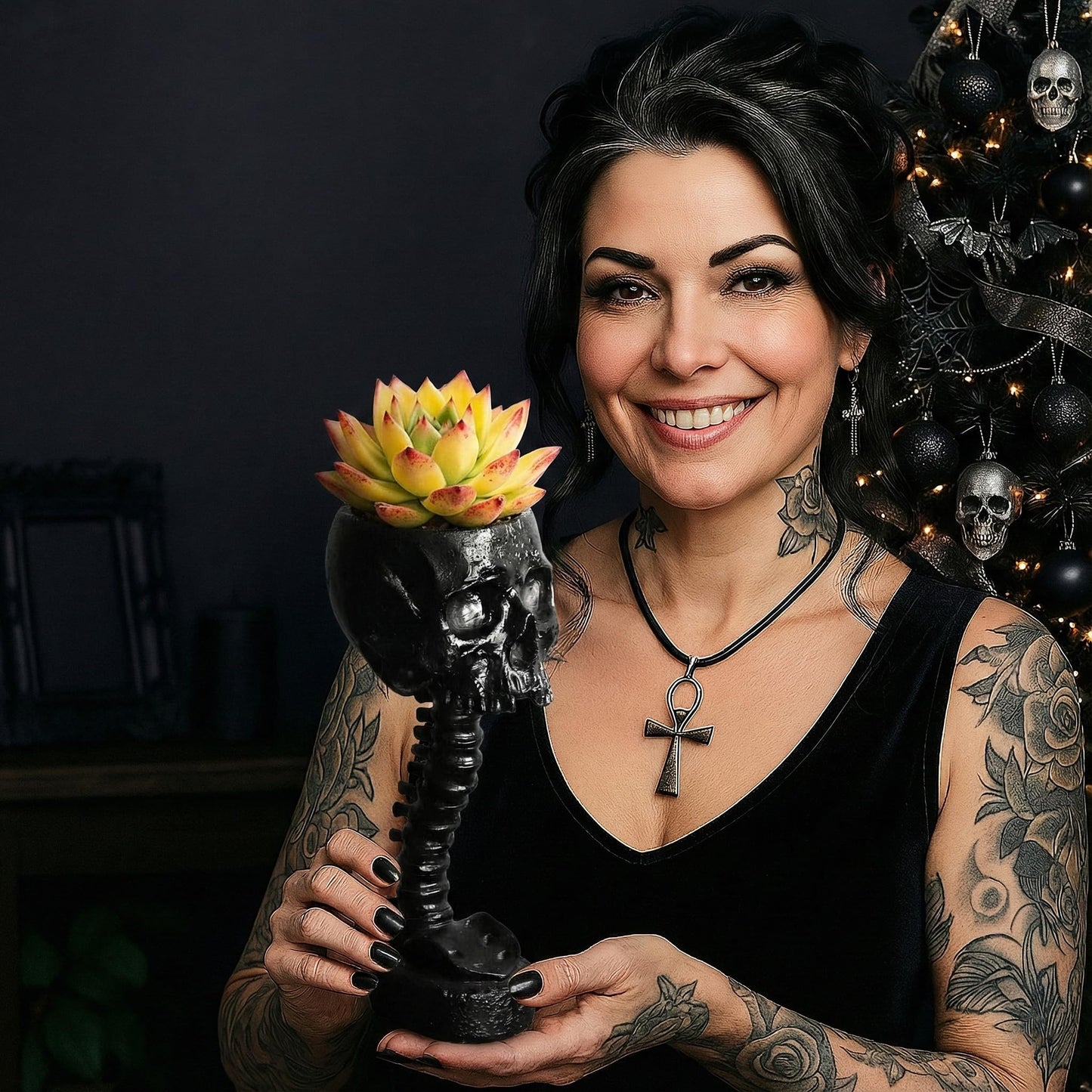 Skull Planter Spine Gothic Vase - Black Skull Candy Bowl, Horror 11.6" Halloween Flower Vase Goth Decor, Spooky Home Decor Skeleton Planter Pot, Candle Holder, Spooky Gifts For Women, Men, Girlfriend.