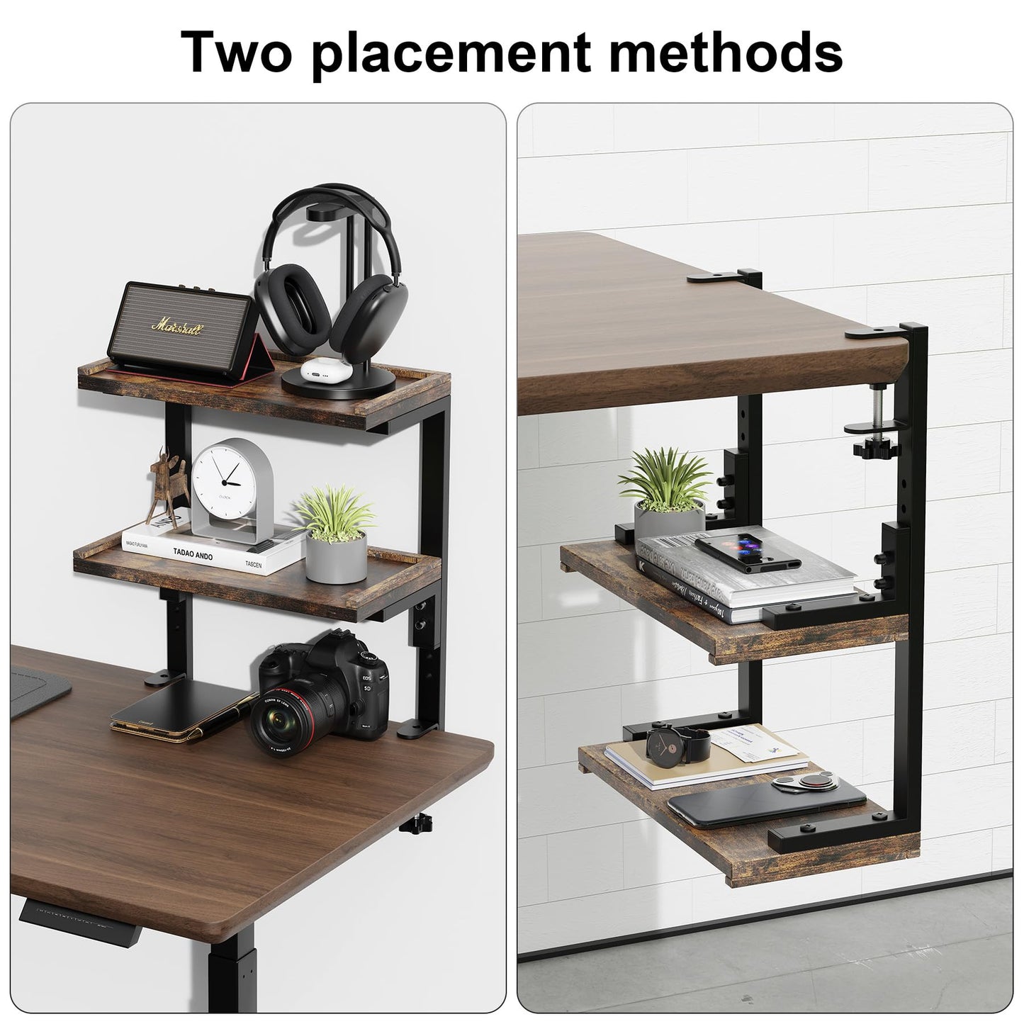OUTIOE 2-Tier Desk Shelf, Expandable Under Desk Storage, Clamp on Desk Shelf, Desktop Accessories for Offices, Study Rooms, and Game Rooms (Wood)