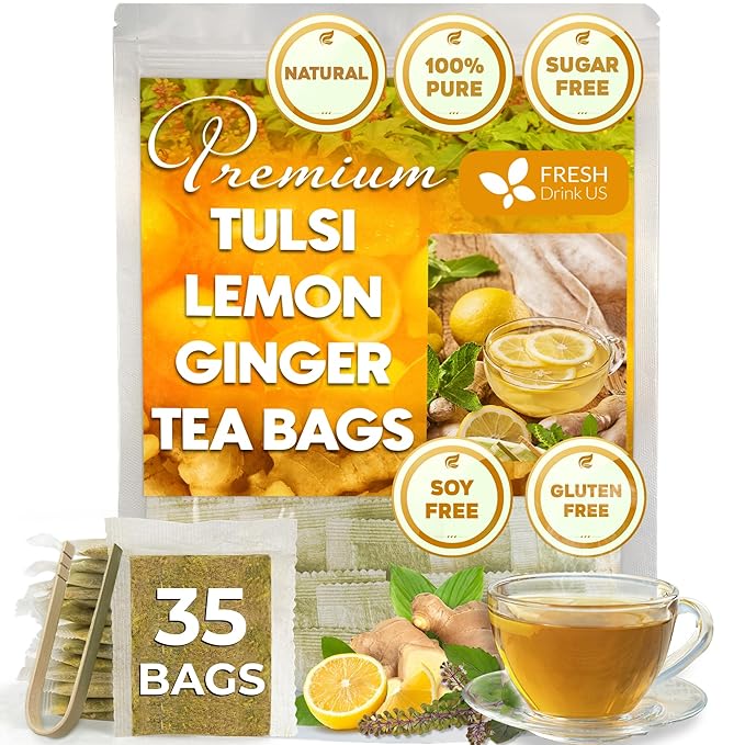 FreshDrinkUS, Premium 35 Tulsi Lemon Ginger Tea Bags, 100% Natural & Pure from Tulsi Holy Basil Leaves, Lemon and Ginger. Made with Natural Material Tea Bags. No Sugar, No Caffeine, Vegan.