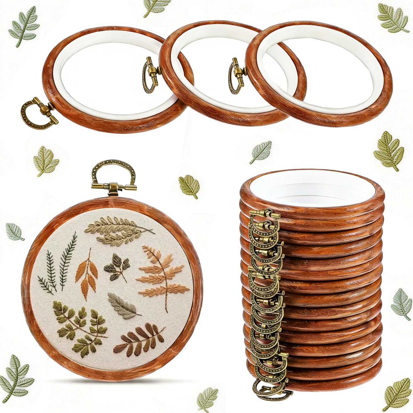 ZESHIHAOGUO 15 Pcs Round Embroidery Hoops - Rubber Ring Imitated Wood Frame Kits for Cross Stitch, DIY Craft, Sewing Projects Hanging Gifts (Brown, 4.4 Inch)