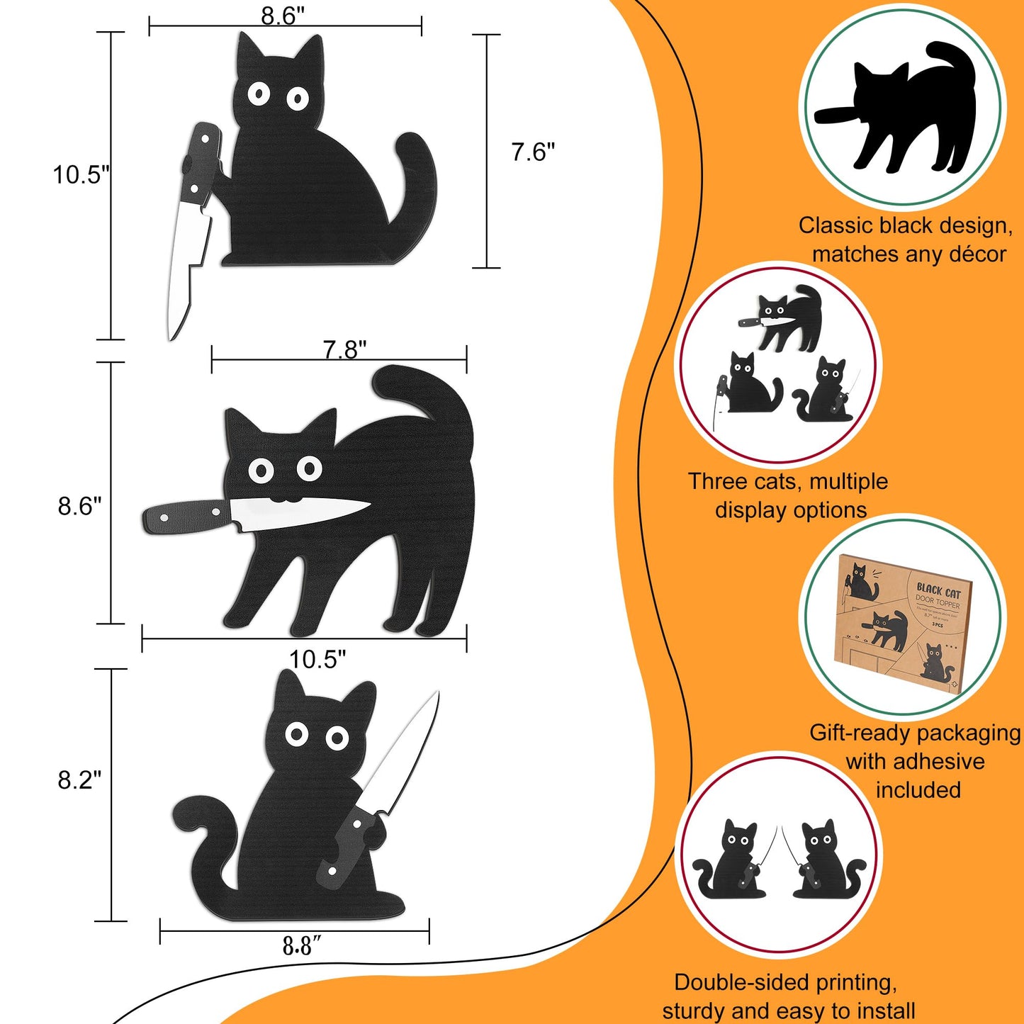 Dripykiaa Funny Black Cat Wall Decor, 3PCS Wooden Black Cat Decorations, Unique for Cats Lovers, Holiday Home Décor, Gifts for Women, Stocking Stuffers