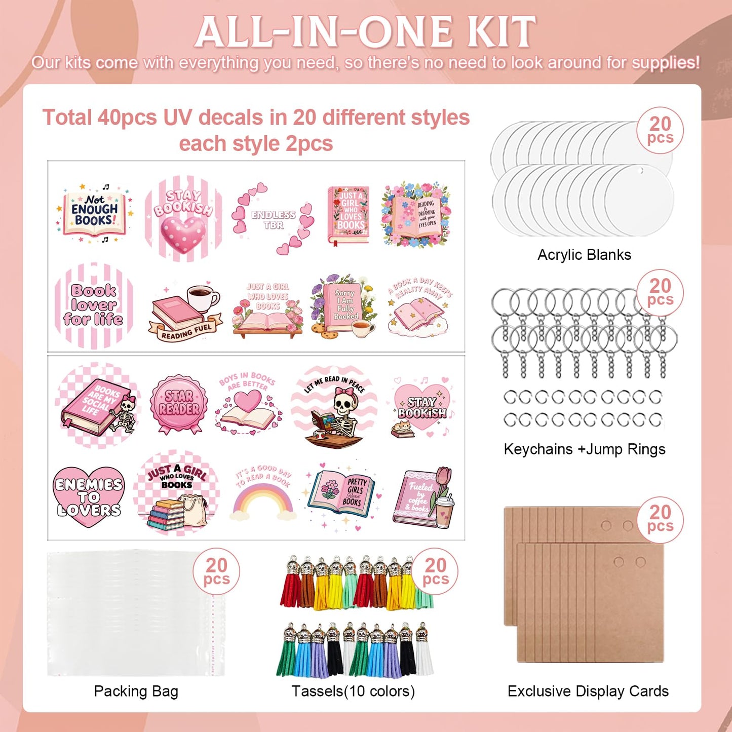 GLASSWINDS 140 PCS Acrylic Keychain Blank Set, 20 Style Double-Sided Book Theme UV DTF Stickers Discs Tassels Jump Rings, Acrylic Keychain Making Kit for DIY Crafts Vinyl Employee Appreciation Gift