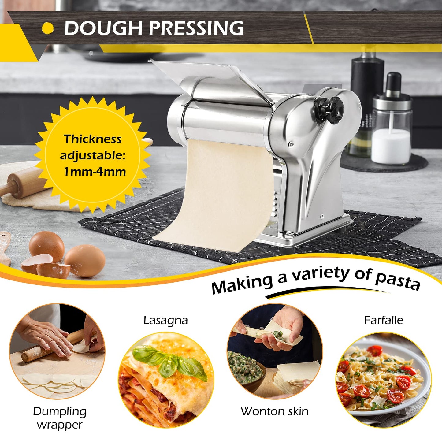 Dyna-Living Electric Pasta Maker Noodle Maker Machine Dough Spaghetti Roller Pressing Machine Thickness Adjustable Stainless Steel 135W for for Home Family Use (1.5mm round noodle+4mm flat noodle)