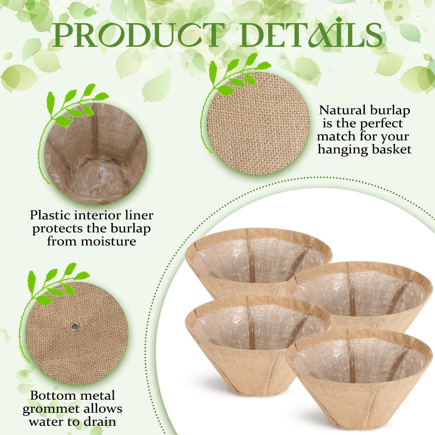 Novabright 4 Pack Round Burlap Liners with Drainage Hole and Plastic Interior Liner 14 Inch Rustic Burlap Planter Liner for 14" Diameter Hanging Baskets