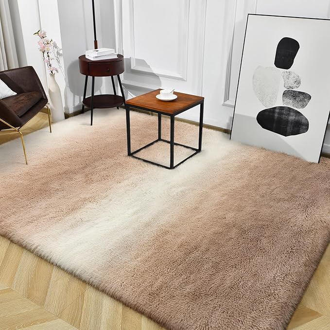 TWINNIS Super Soft Shaggy Rugs Fluffy Carpets, 8x10 Feet, Indoor Modern Plush Area Rugs for Living Room Bedroom Kids Room Nursery Home Decor, Upgrade Anti-Skid Rectangular Fuzzy Rug, Tan White