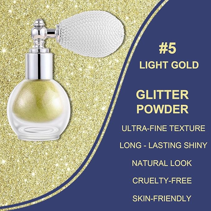 Light Gold Glitter Spray for Face and Body, Rich Color Loose Shimmer Powder Long Lasting Sparkly Spray High Gloss Makeup for Women Rave Festival Prom Stage Wedding Party, #5