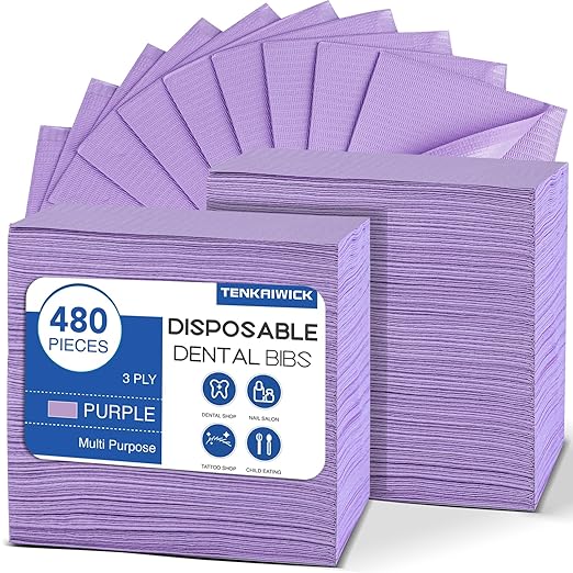 480 Pack Disposable Dental Bibs 13"x18", 3-Ply Waterproof Tattoo Bibs Sheet for Nail Salon, Dental Clinic, Feeding, Tattoo Shop (Purple)