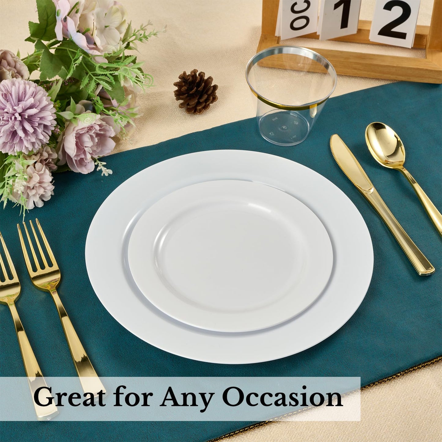 FOCUSLINE 100 Count White Plastic Plates 10 Inch, Disposable Heavy Duty Dinner Plates- Premium Hard Plastic Plates Fancy Disposable White Plates for Weddings, Parties and Events