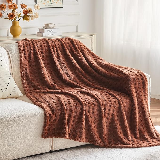 NEWCOSPLAY Super Soft Queen Blanket Coffee Premium Silky Flannel Fleece 3D Waffle Checkered Lightweight Bed Blanket All Season Use (Coffee, Queen(90"x90"))