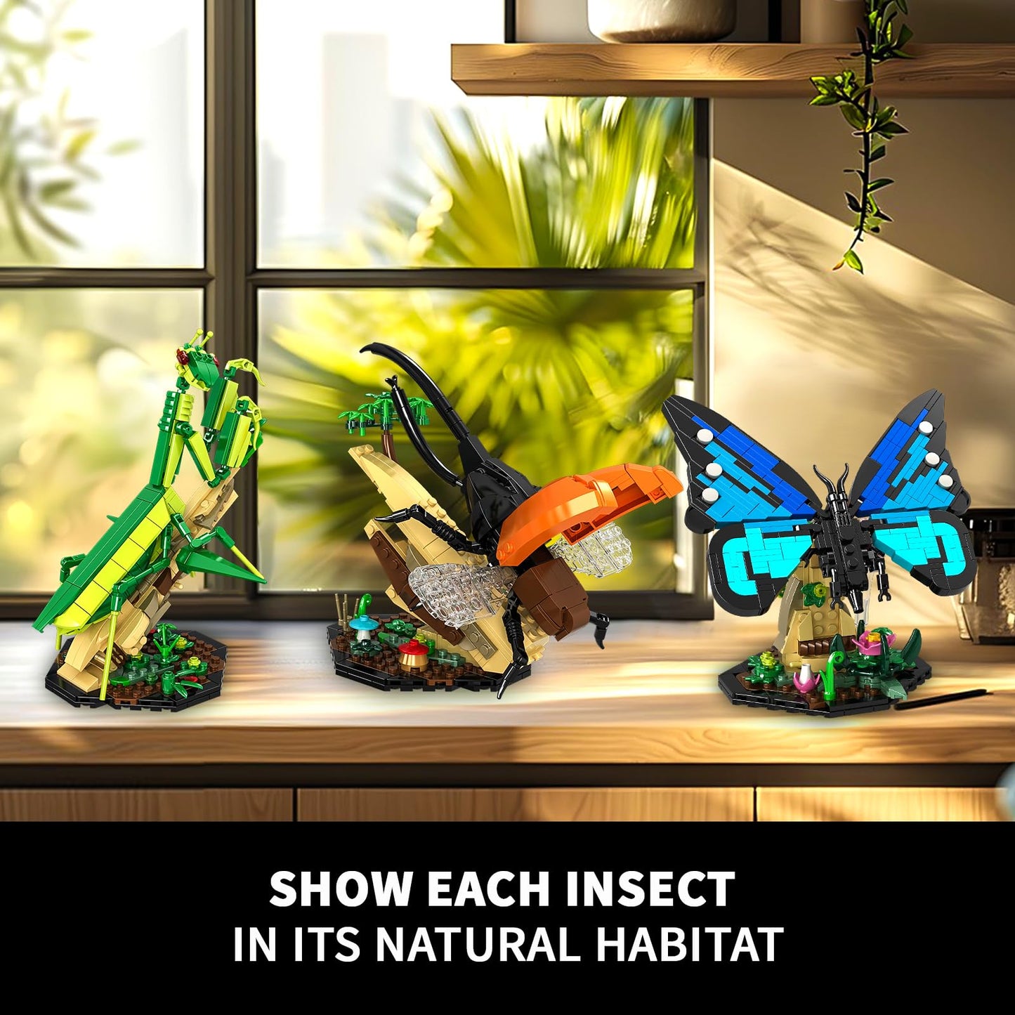 Insect Collection Building Toy Set, with Life-Size Blue Butterfly, Mantis and Beetle Display Models, Fun Gift for Nature Lovers, Bug Building Office Home Decorative, Gifts Ideal for Adults Kid 6+