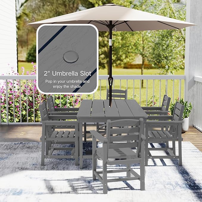 7 Piece Patio Dining Set with 11ft Patio Umbrella (Beige), 7 Gray Outdoor HDPE Dining Set with 6 Chairs + 1 Large Table with 2" Umbrella Hole, for Market, Pool, Garden, Backyard, Deck
