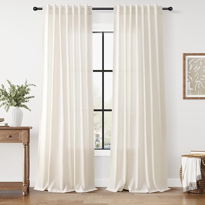 Modern Linen Curtains for Living Room 102 Inches Long Light Filtering Semi Sheer Curtain Back Tab Neutral Luxury Modern Farmhouse Decor Floor to Ceiling High Window for Bedroom 52x102, 2 Panels