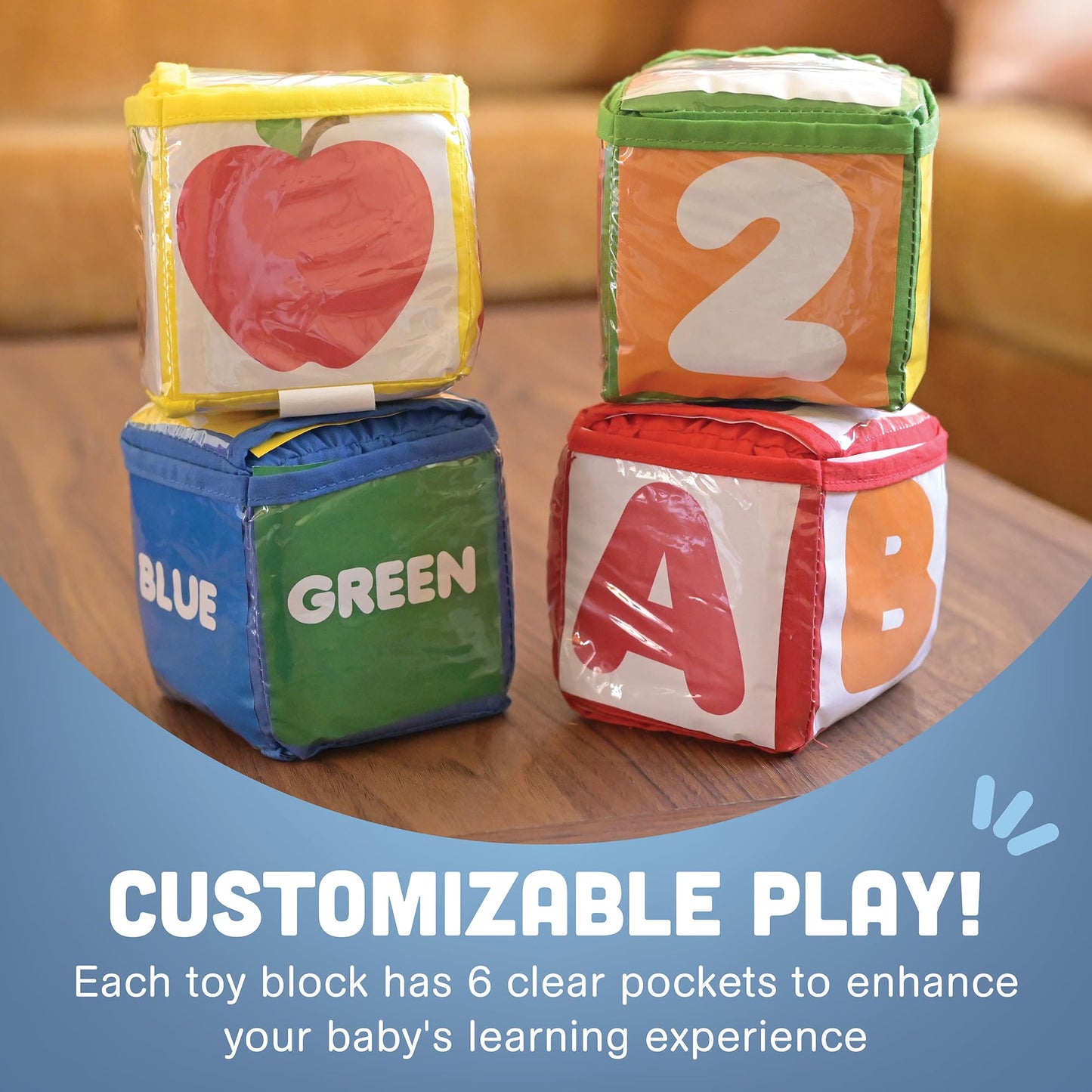 Constructive Playthings Customizable Stacking Block Toys with Clear Pockets for Ages 12 Months+, Toddler Soft Foam Building Blocks, Builds Fine Motor Skills, Multicolor