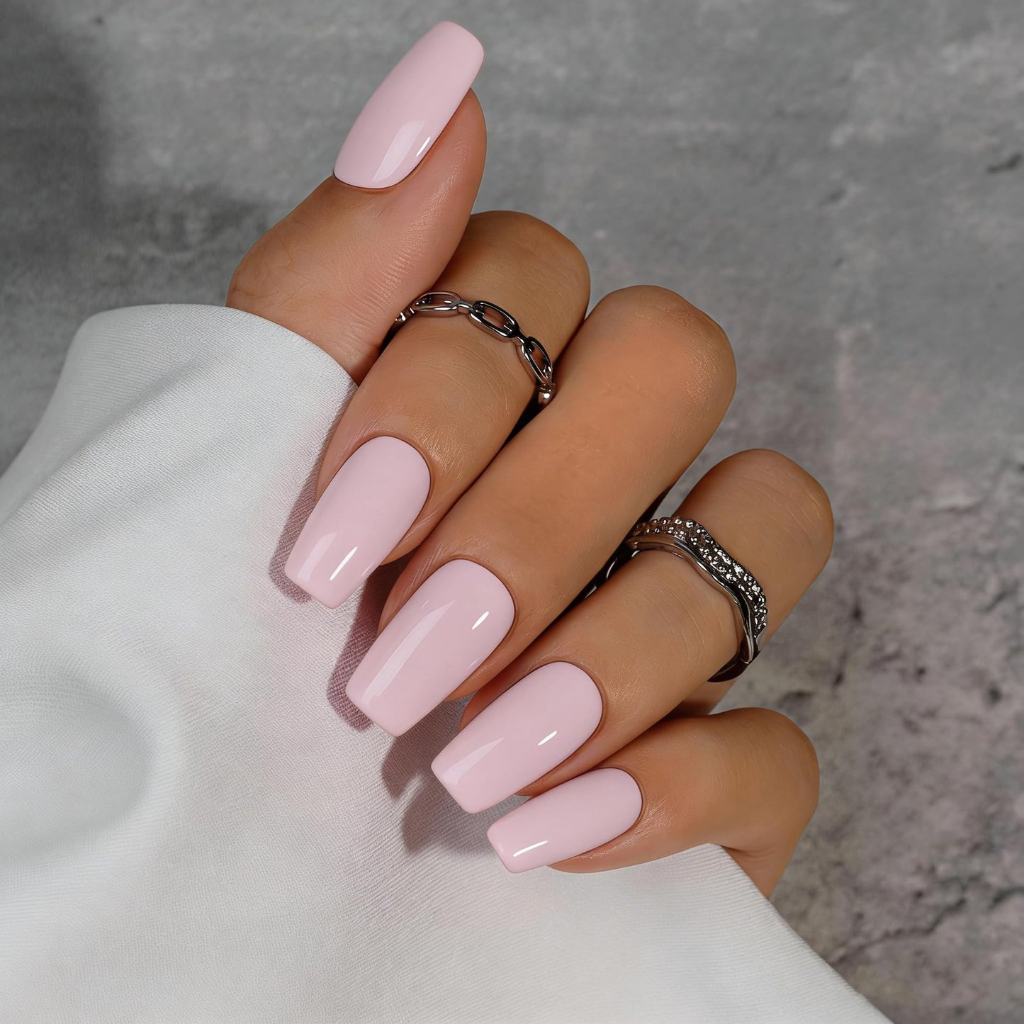 KQueenest Dusty Pink Press On Nails Long Square - Spring Press On Nails Medium Coffin, Soft Pastel Pink Fake Nails with Glue, Glossy Opaque, Reusable Soft Gel Glue on Nails for Manicure Gift, 24 Pcs