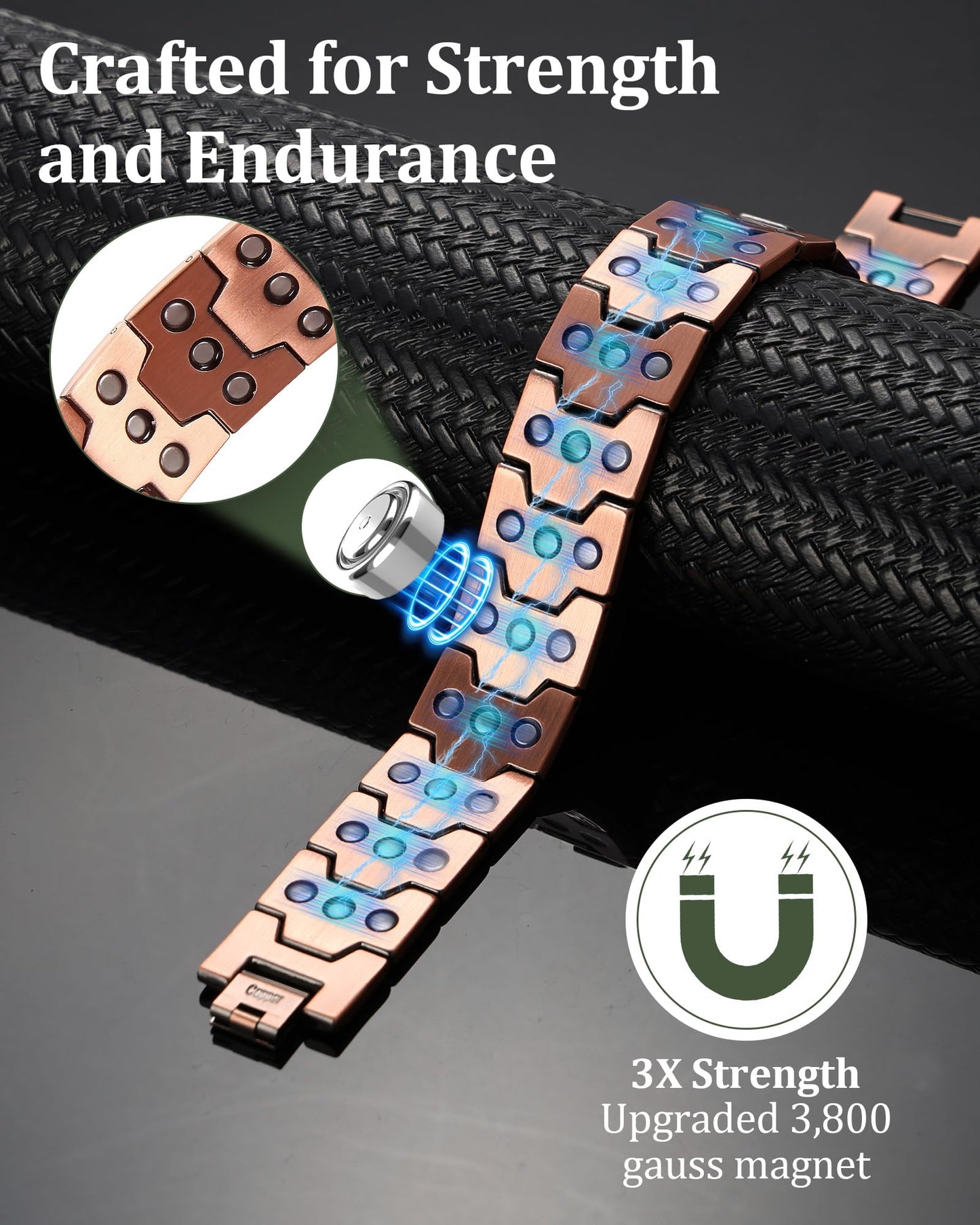 Fashtour 3X Copper Bracelet for Men Triple Ultra Strength Magnets, Masculine Design Pure Copper Magnetic Bracelet, Adjustable Length with Sizing Tool