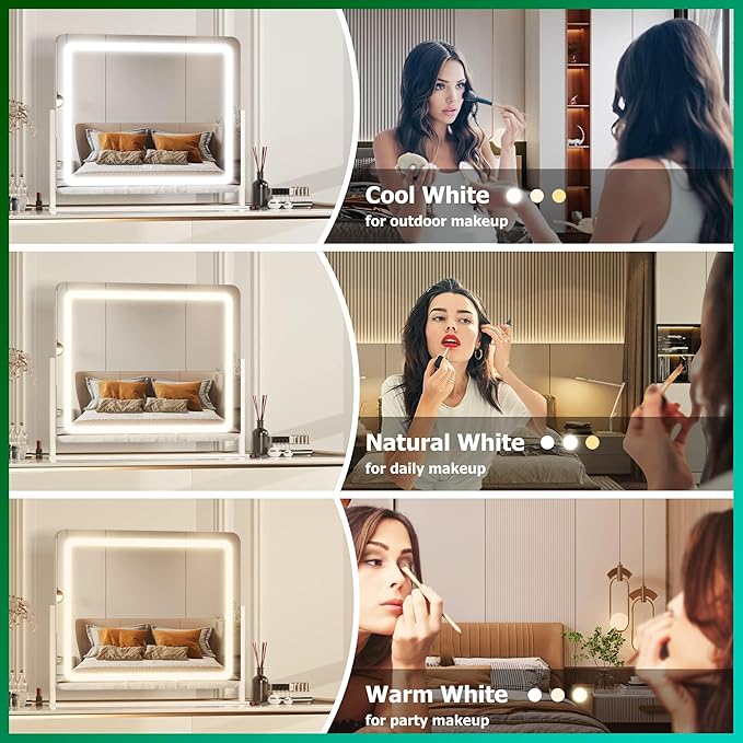 Hasipu Vanity Mirror with Lights, 24.2" x 18.9" LED Make up Mirror, Light up Mirror with 10X Magnification and USB Charging Port, Phone Holder, Smart Touch 3 Colors Dimmable, 360° Rotation (White)