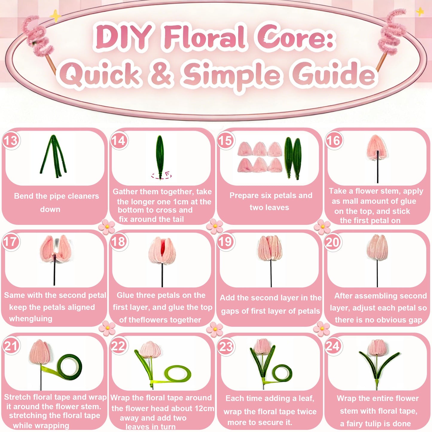 ZFTFZ 500+ Pcs Pink Pipe Cleaners Craft, Premium Chenille Stems Flower Making Kit with Wrapping Paper & Floral Tape, DIY Tulip Rose Bouquet Arts and Crafts Supplies for Adults Beginners Gifts
