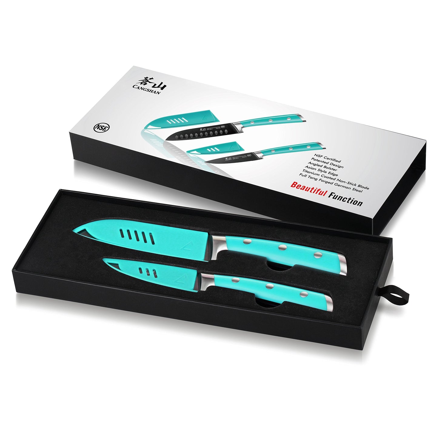Cangshan S+ Series 1022117 German Steel Forged 2-Piece Titanium Coated Santoku Starter Knife Set with Sheaths, French Teal