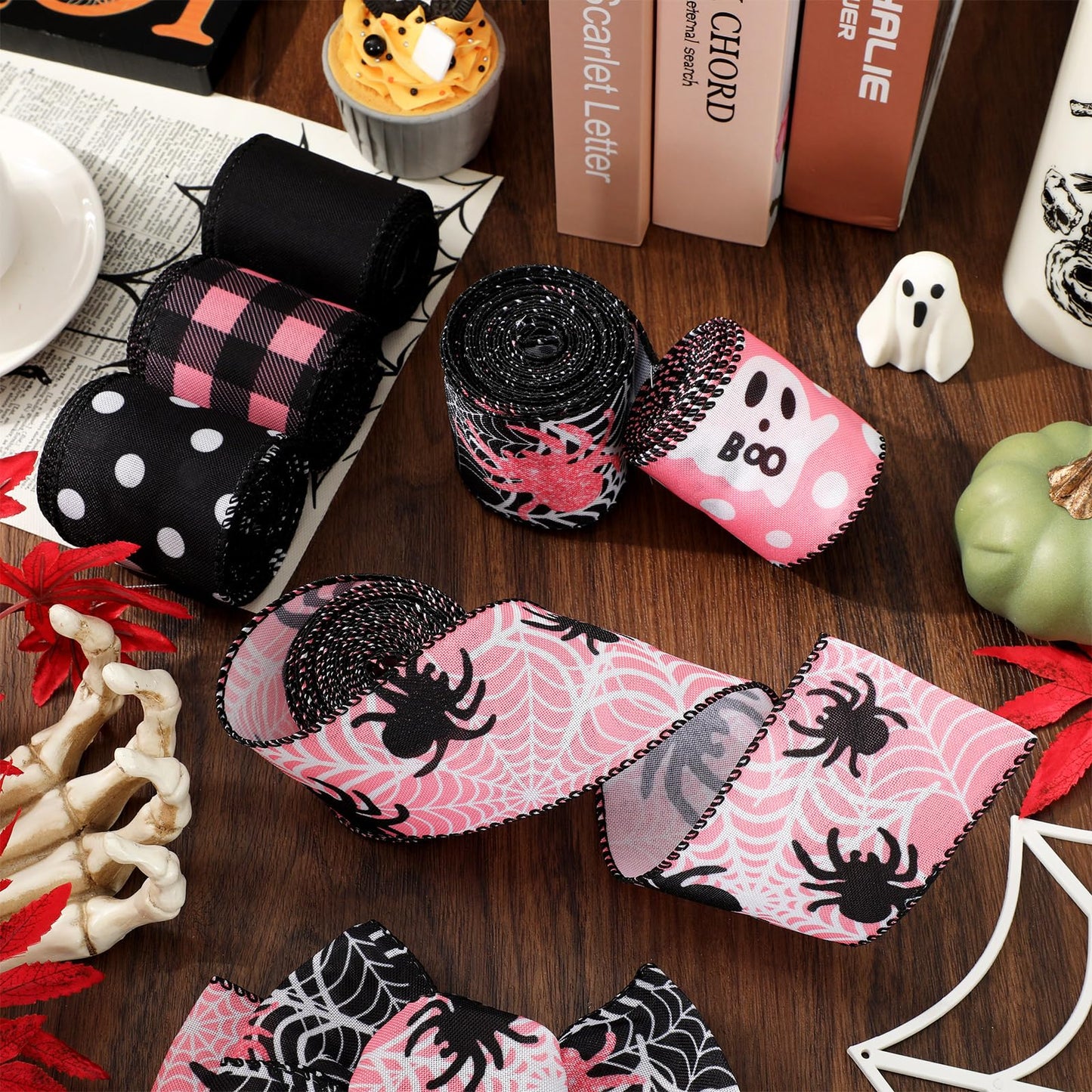 Whaline 6 Roll Halloween Wired Edge Ribbon Ghost Boo Spider Web Ribbon Pink Black Fabric Ribbons for Wreath Bow Making DIY Crafts Wrapping, 30 Yard