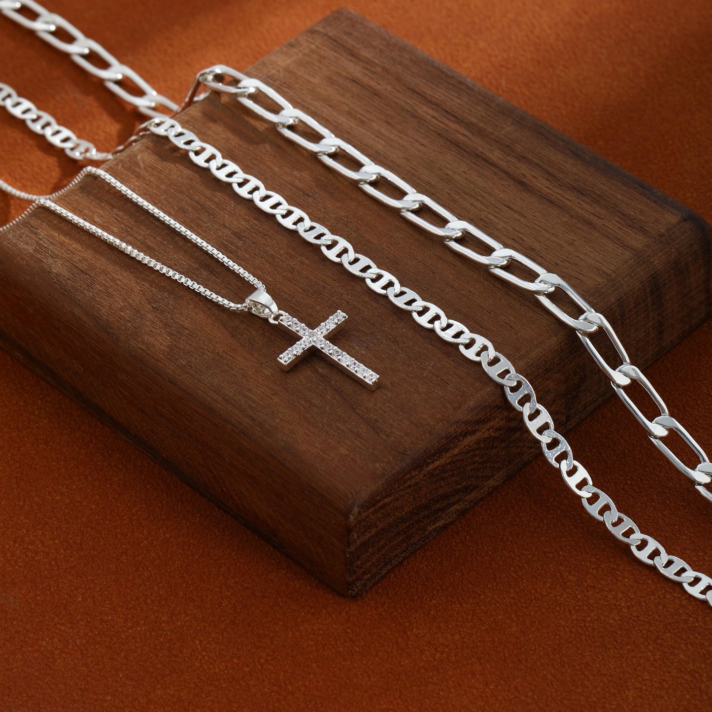 Kyerlyn Silver Necklaces for Women, Sterling Silver Stackable Stack Cross Choker Necklaces for Women Trendy Layering Box Flat Mariner Chain CZ Pendant Chain Set Jewelry Gift
