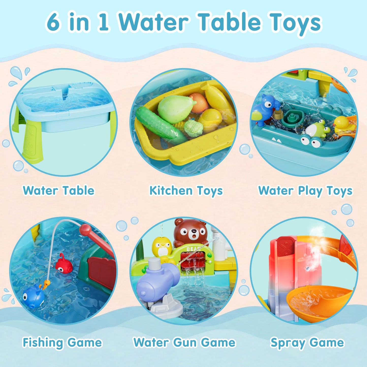 2026 New Kids Sand & Water Table Toys for Toddlers, Multifunctional Play Kitchen Sink with Fishing Game, Spray Function,Kitchen Toys, 360° Electric Faucet,Summer Indoor Outdoor Gifts for Boys Girls
