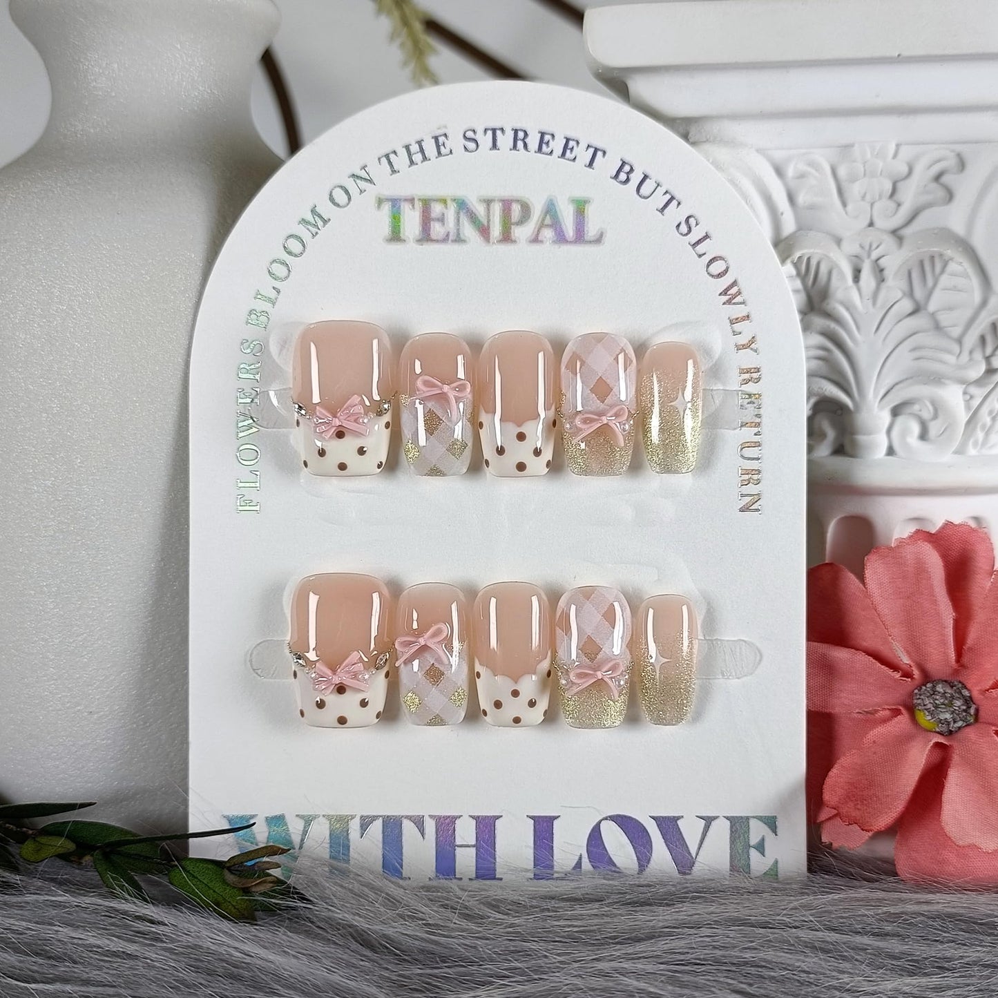 TENPAL 10Pcs Y2K Short Medium Coffin Press On Nails With Tools Kit,Light Pink Cat Eye French Fake Nails with Dot Bow Plaid Pattern,K-Beauty Acrylic Glue on Nails for Wedding Party Daily Wear(M)