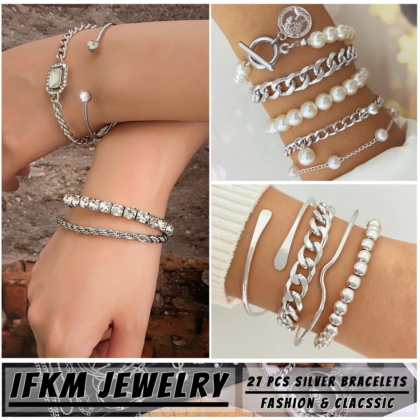 IFKM 6 PACK (27 PCS) Silver Chain Bracelets Set for Women, Silver Plated Multiple Layered Stackable Open Cuff Bangle Bracelet Anklet Adjustable Link Tennis Beads Italian Cuban Jewelry