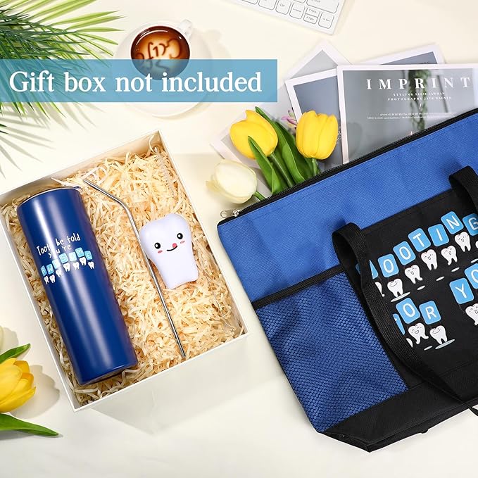 Nuogo 3 Pcs Positive Dental Hygienist Gifts Dentist Assistant Gift for Women Men Inspirational 20oz Tumbler Tote Bag Tooth Stress Toy for Dental Hygiene Month Employee Appreciation(Blue,Teeth)