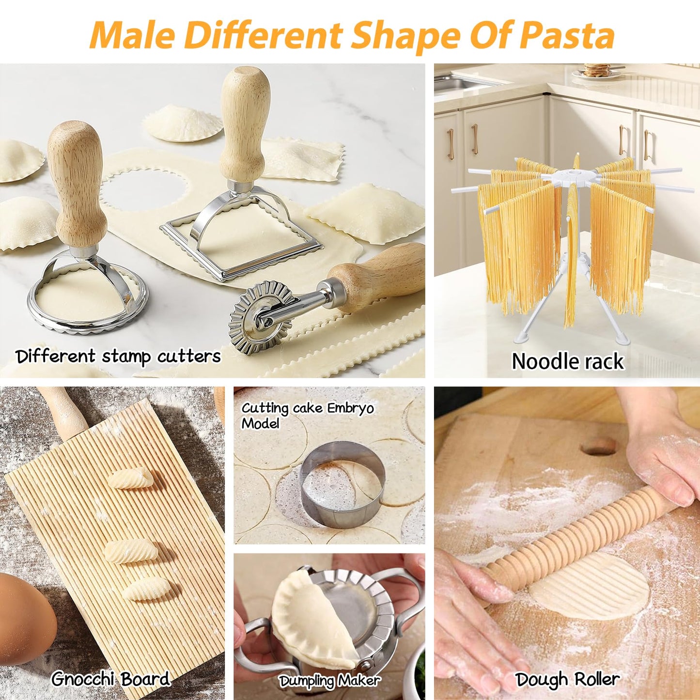 12PCS Pasta Maker Tool Set, Ravioli Mold Set, Ravioli Maker with Roller Wheel, Ravioli Cutter Set with Wooden Handle, Pasta Making Kit for Ravioli Press Mold Pasta Making Kit Accessories for Home (12)