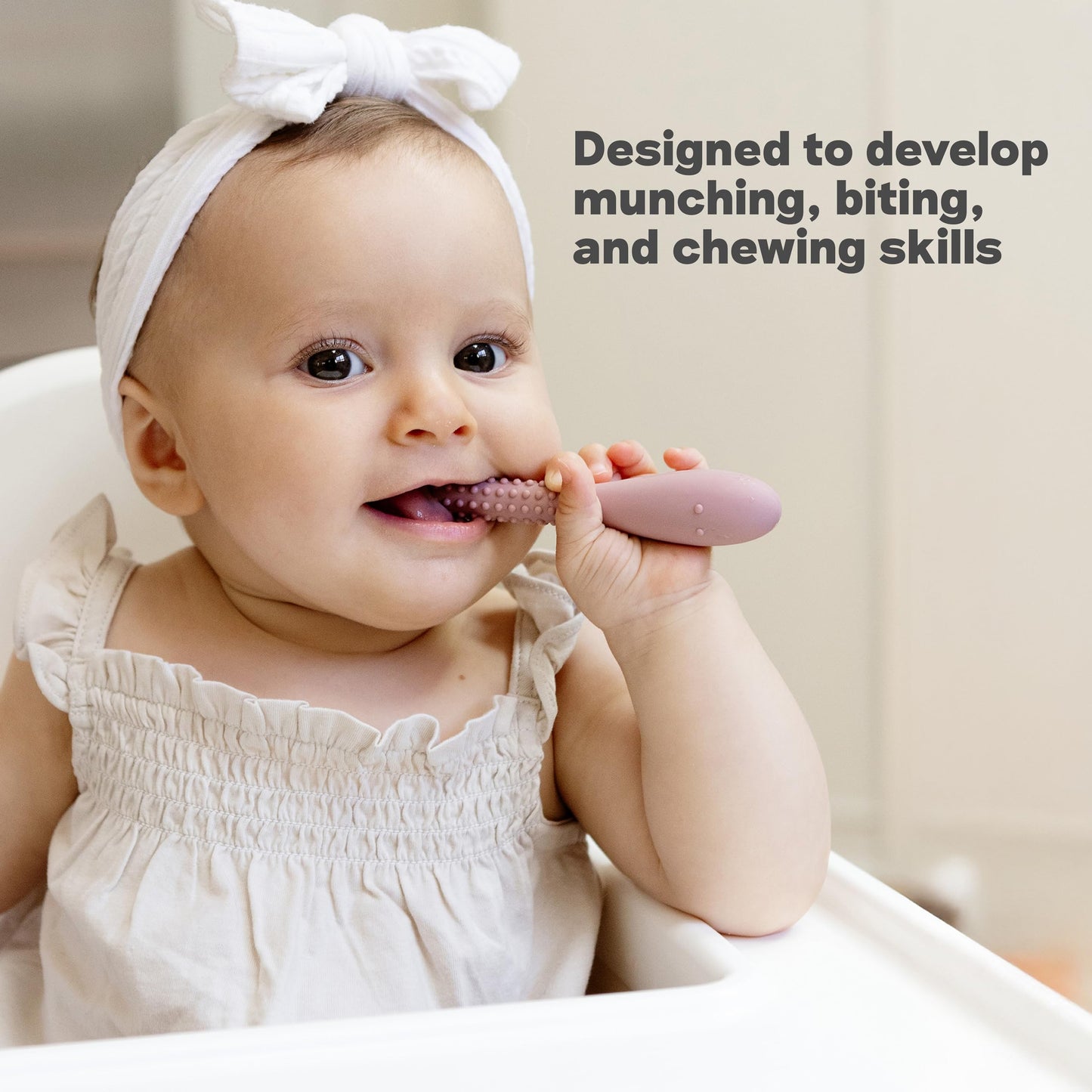 ezpz Oral Development Tools (3 Pack in Pewter) - 3 Months+ - Non-Slip Loop, Smile and Stick 100% Silicone Tools - Prepare for Chewing + Solids - Baby-Led Weaning Supplies