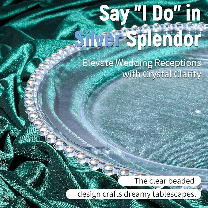 12 Pack Clear Charger Plates Bulk Wedding, 13 Inch Plastic Round Dinner Chargers with Silver Beaded Rim, Acrylic Round Decorative Plates for Wedding Party Home and Tabletop Decor (Silver)