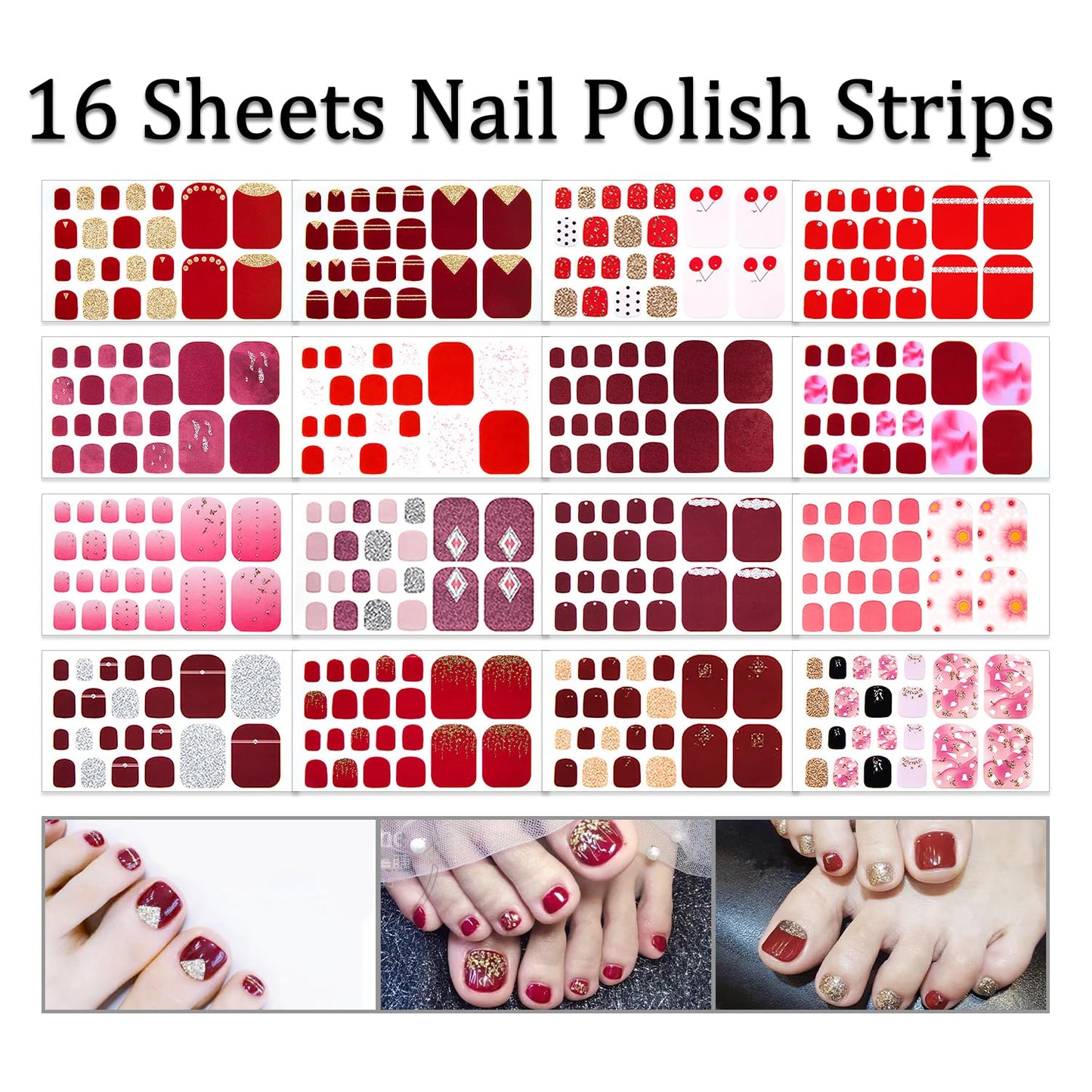 SILPECWEE Red Toe Nail Polish Strips for Women Full Nail Wraps Self Adhesive Nail Stickers Nail Strips Real Nail Polish Toenails Accessories with 1pc Nail File (16 Sheets)