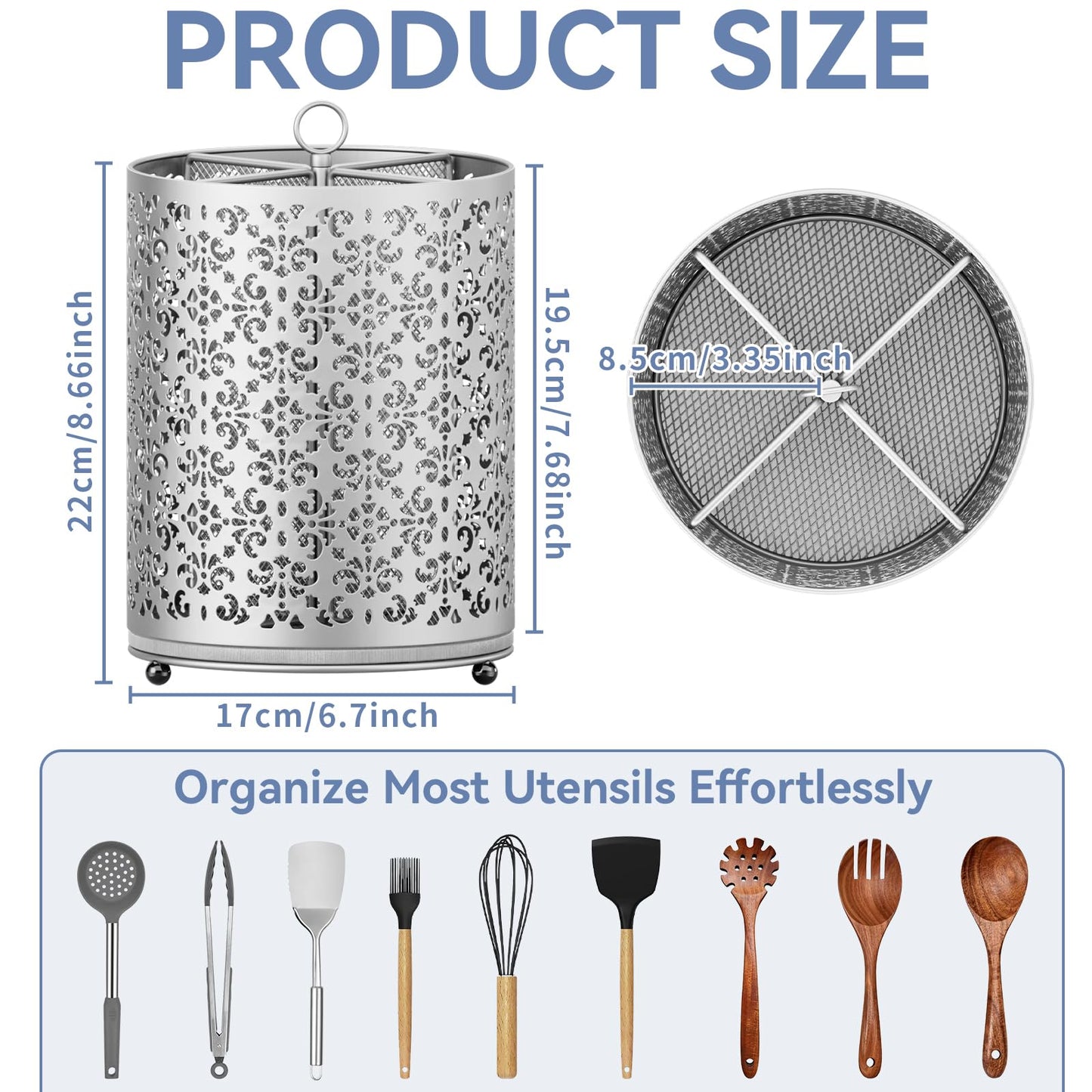 YIUKEA Extra Large Utensil Holder - 360° Rotating Cooking Utensils Caddy Countertop Organizer with Instant-Dry and Removable Base for Kitchen Tools