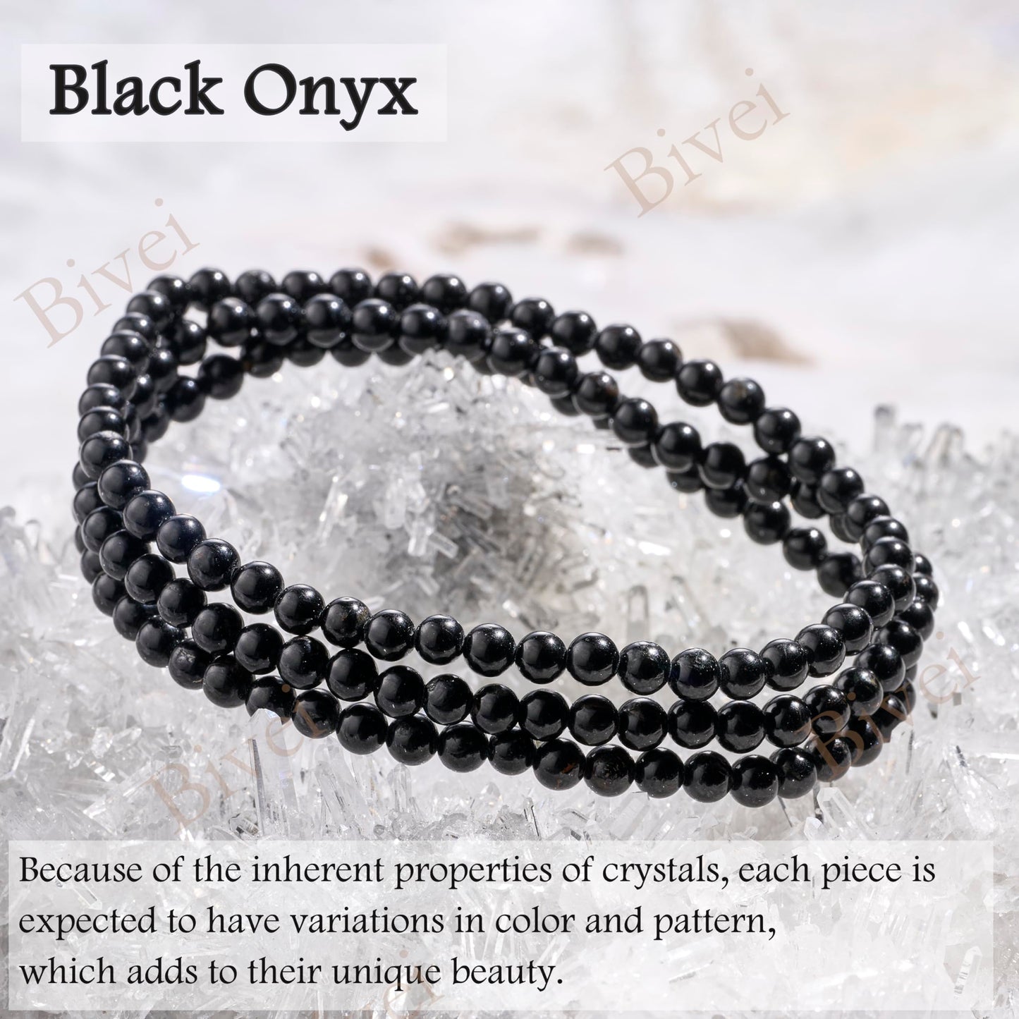 Bivei Black Onyx - Grounding - 4mm Beaded Bracelets for Women Handmade Semi Precious Natural Stone Stretch Elastic Jewelry Yoga Protection Gifts Small