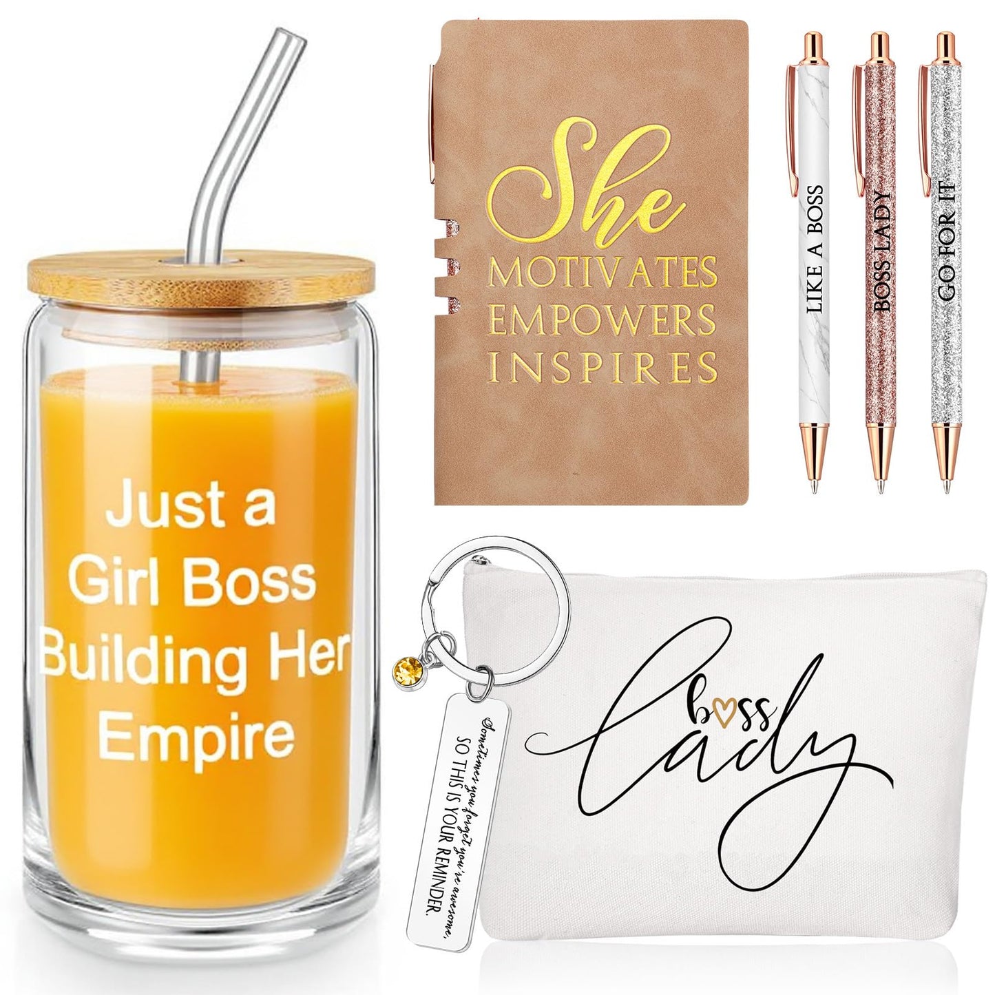 SiliFine Khaki 7 Pcs Boss Gift Sets for Women Her Lady, Best Boss Appreciation Gift 16 oz Glass Cup Lady Makeup Bag Keychain A6 Notepad Ballpoints Pen for Female Leader Manager