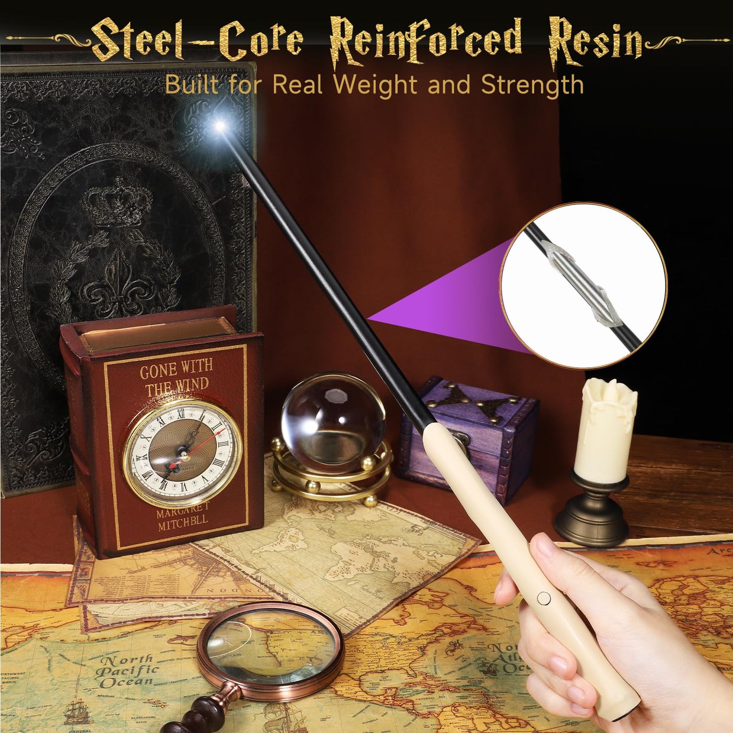 EnrichFun Light Up Wizard Magic Wand with 5 Static Color Lights Rechargeable LED Resin Witch Wands for Kids Cosplay Collection, with Acrylic Stand, (Bone)