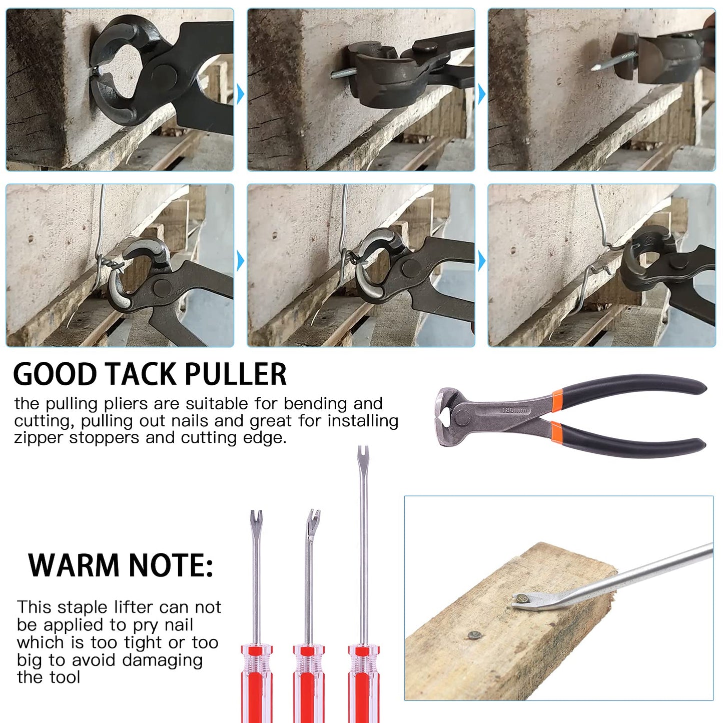 Glarks 4Pcs Nail Pullers Nail Remover Tool Set, Include 7'' End Cutting Plier, 4'' Bendable U Tip and V Tip Tack Puller, 6'' U Tip Tack Lifter for Cutting nails, Remove Nails, Nail Pulling