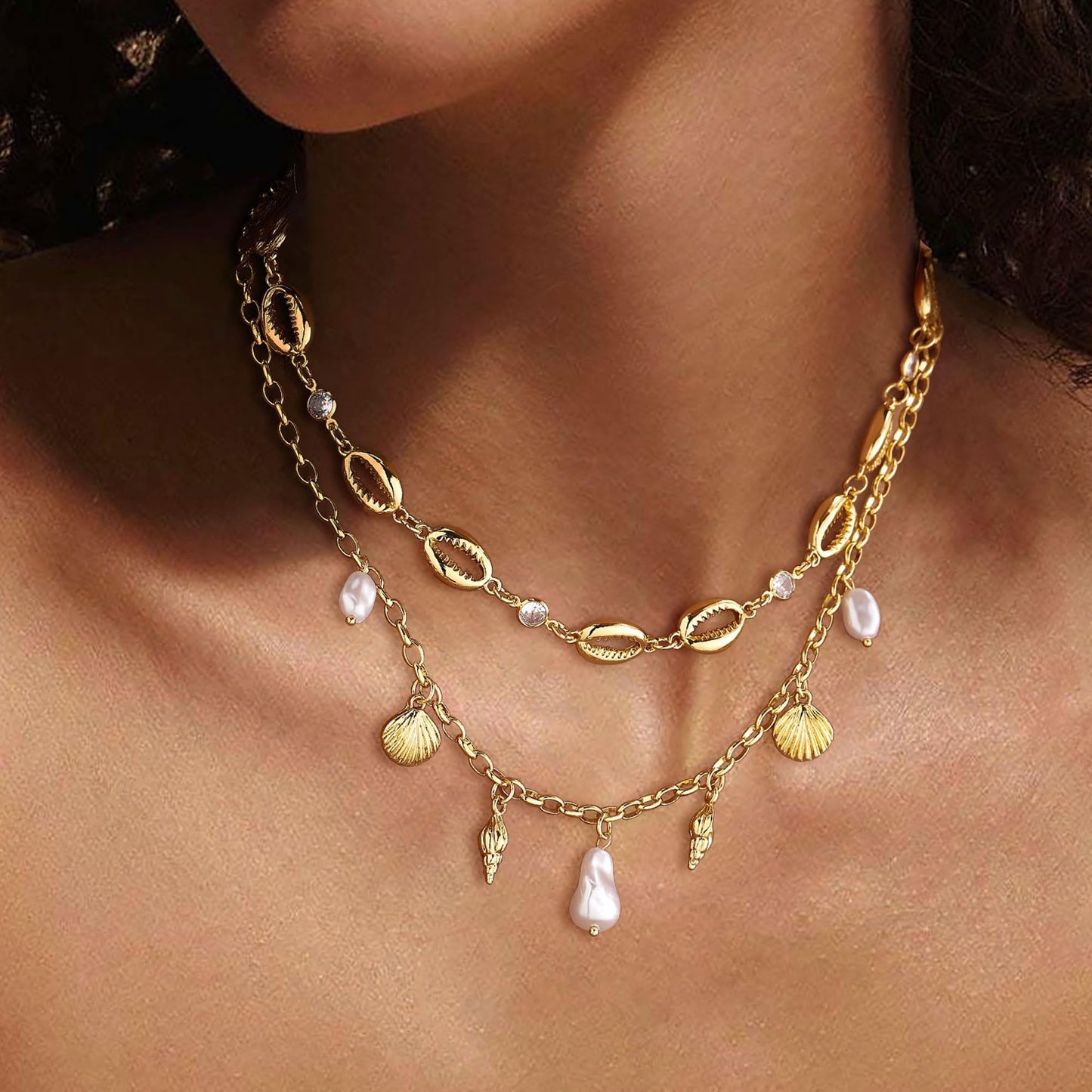 JALZEMPL Shell Charm Necklace For Women Stack Seashell Pearl Dainty Starfish Beach Layered 14k Gold Plated Pendant Summer Boho Jewelry Gifts (Style B)