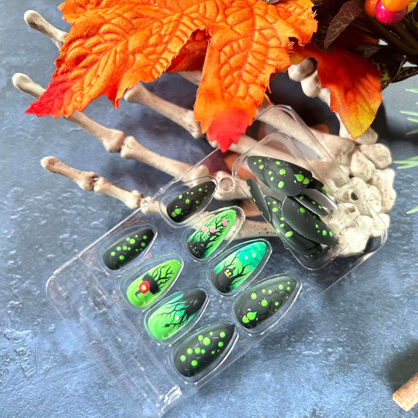 Green Fluorescence Halloween Press on Nails Long Black Forest Castle Rose Pattern Design Halloween Nail Full Cover Glossy Artificial Acrylic False Nail French Tip Almond Glue on Nails for Women 24Pcs