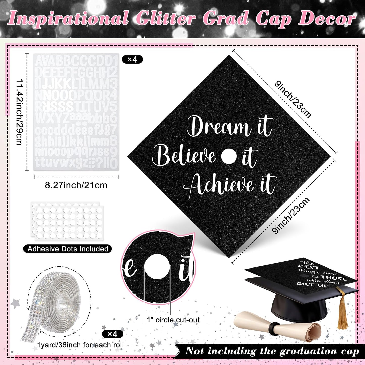 Dunzoom Black 16 Pcs Graduation Cap Decorations Kit Glitter DIY Cardstock Paper Letter Sticker for Graduation Hat Topper
