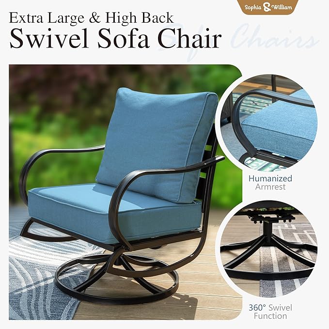 Sophia & William 2 Pieces Patio Furniture Sets Metal Sofa Chairs Patio Cushion Armchairs Swivel Sofa Chairs with Removable Cover for Garden Backyard Poolside Navy