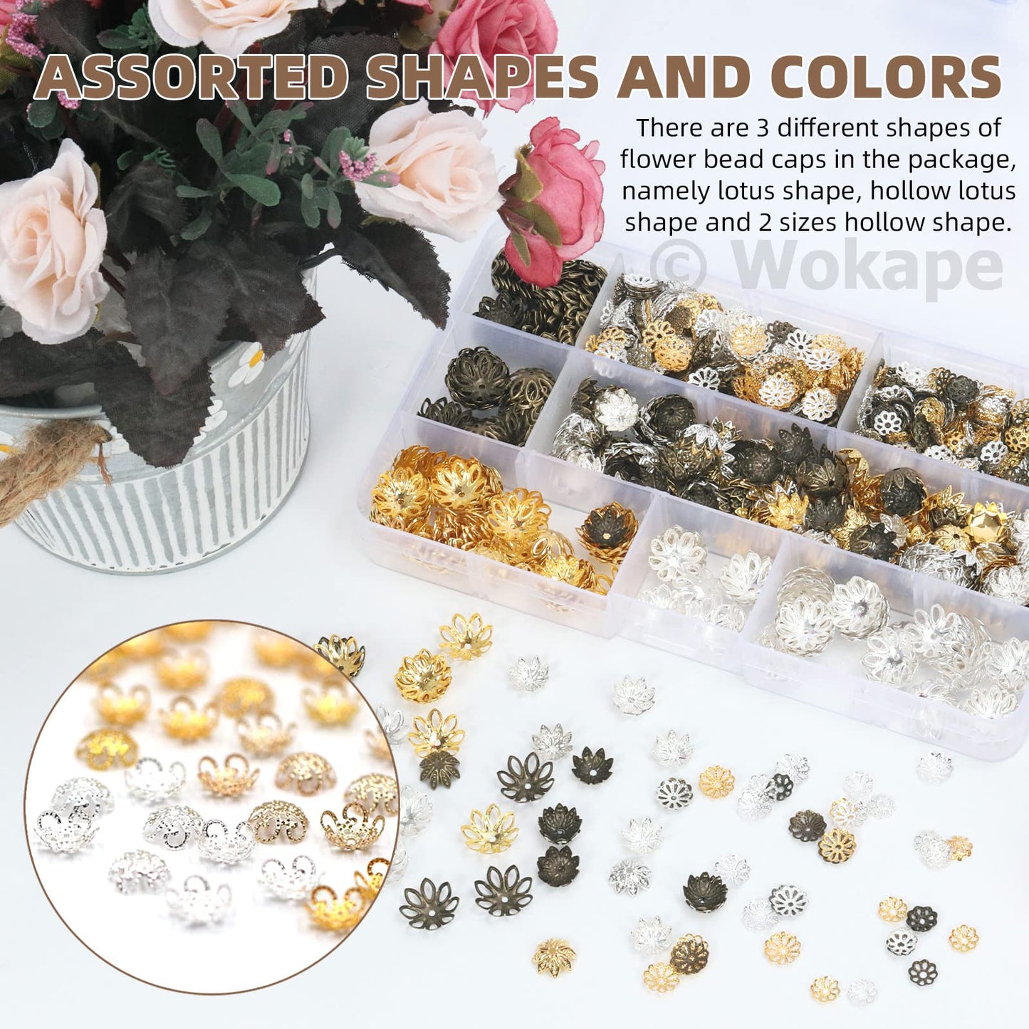 Wokape 2100Pcs 4 Sizes Flower Bead Caps Spacers Assortment Kit for Jewelry Making, Hollow Filigree Beads End Caps Jewelry Findings Accessories