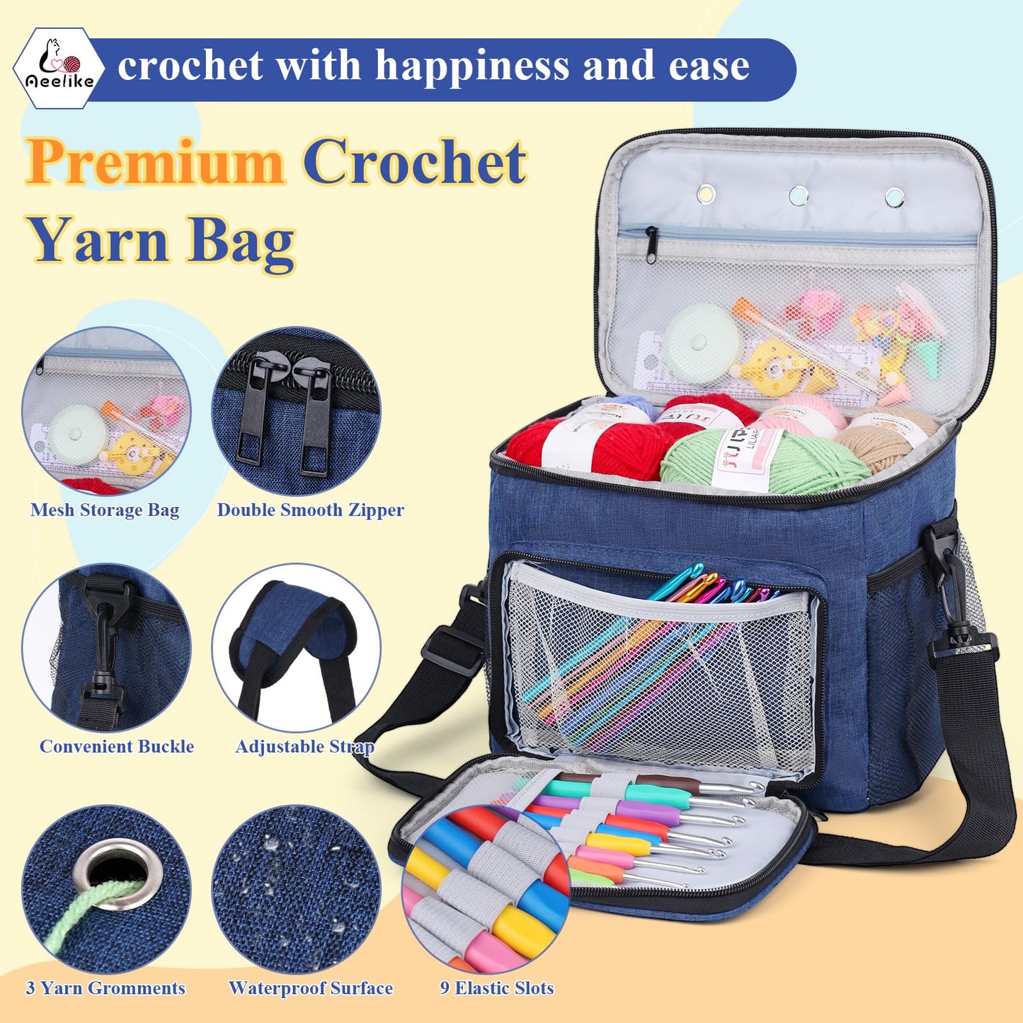 Aeelike Complete Beginner Kit 87PCS, Crochet Kit for Beginners Adults, Navy Portable Yarn Bag, 23 Crochet Hooks,Yarn 20 Colors Skeins, Instruction & Crocheting Accessories