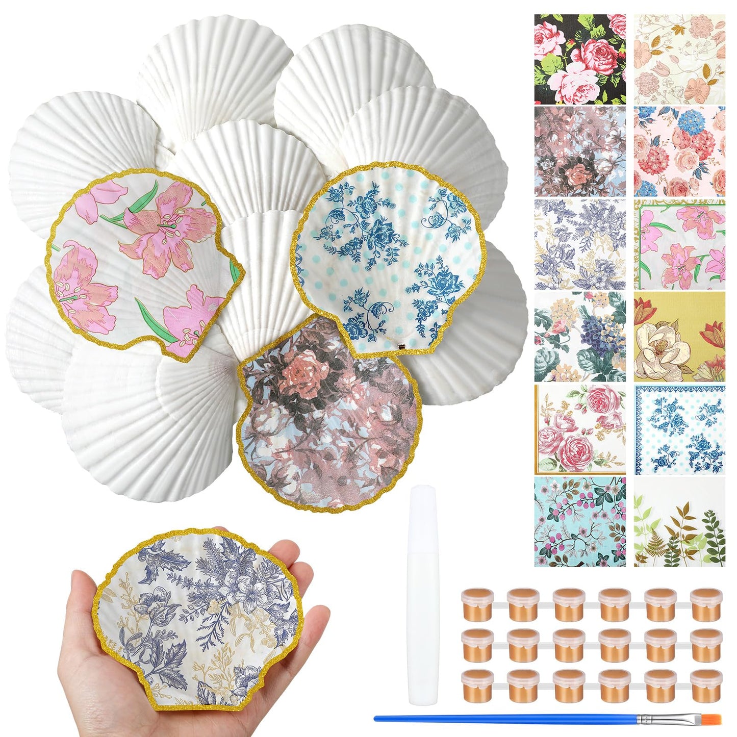 Halloscume 12 Set Scallop Shells for Crafts 4''-5'' White Natural Large Shells with 24 Pcs Decoupage Paper Napkin Acrylic Paint Strips and Brushes DIY Crafts Seashells Ornaments (Colorful Flowers)